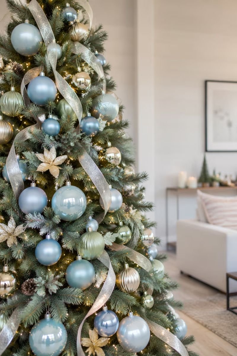 Nontraditional Christmas tree in sky blue and sage green with silver ribbon and pale gold ornaments
