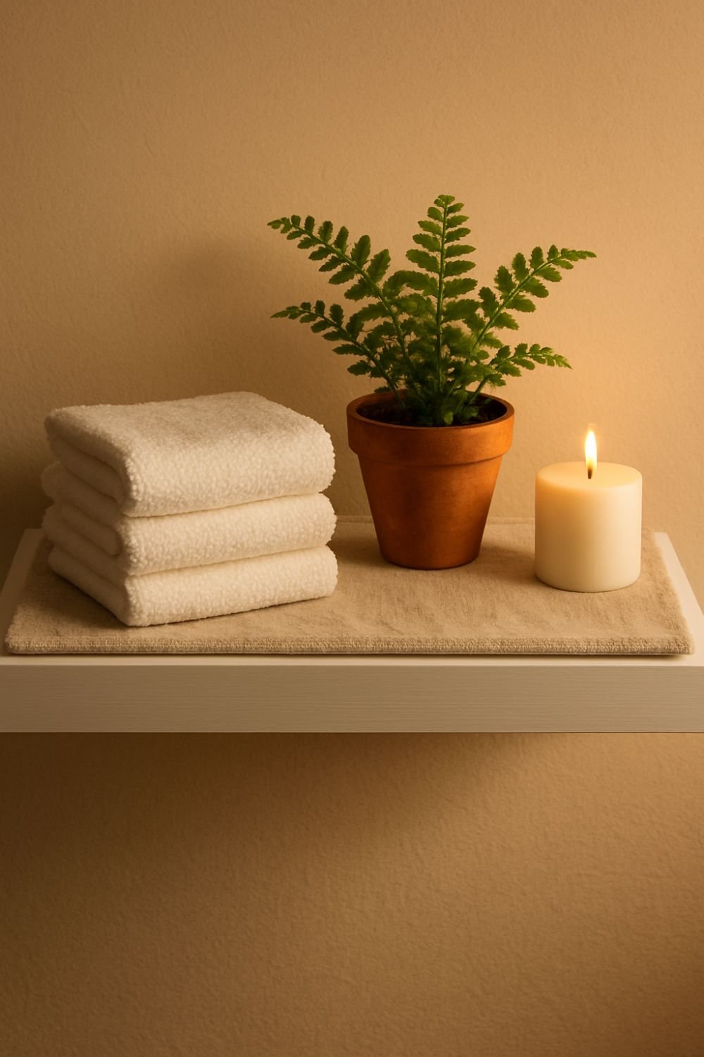 Open bathroom shelf with linen liner folded white towels small plant and candle