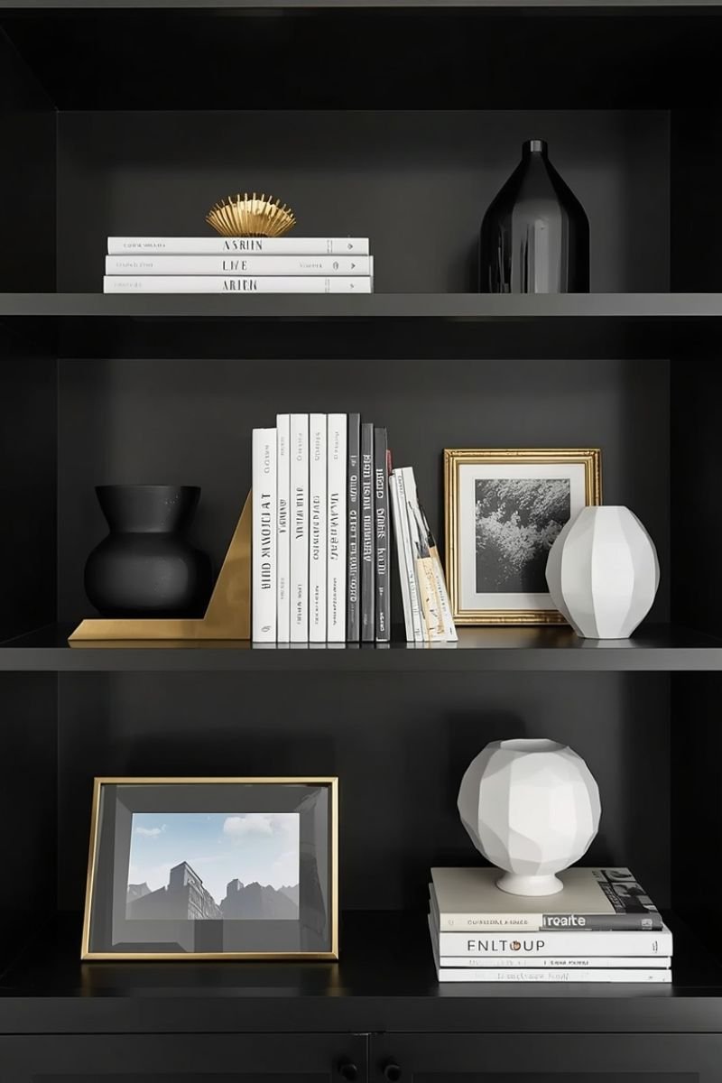 Open bookshelf styled in black white and gold for a Neo Deco living room