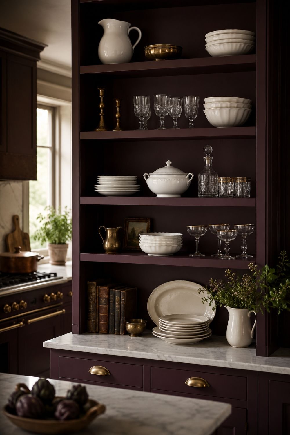 Open shelving in aubergine kitchen displaying white dishes and accessories.