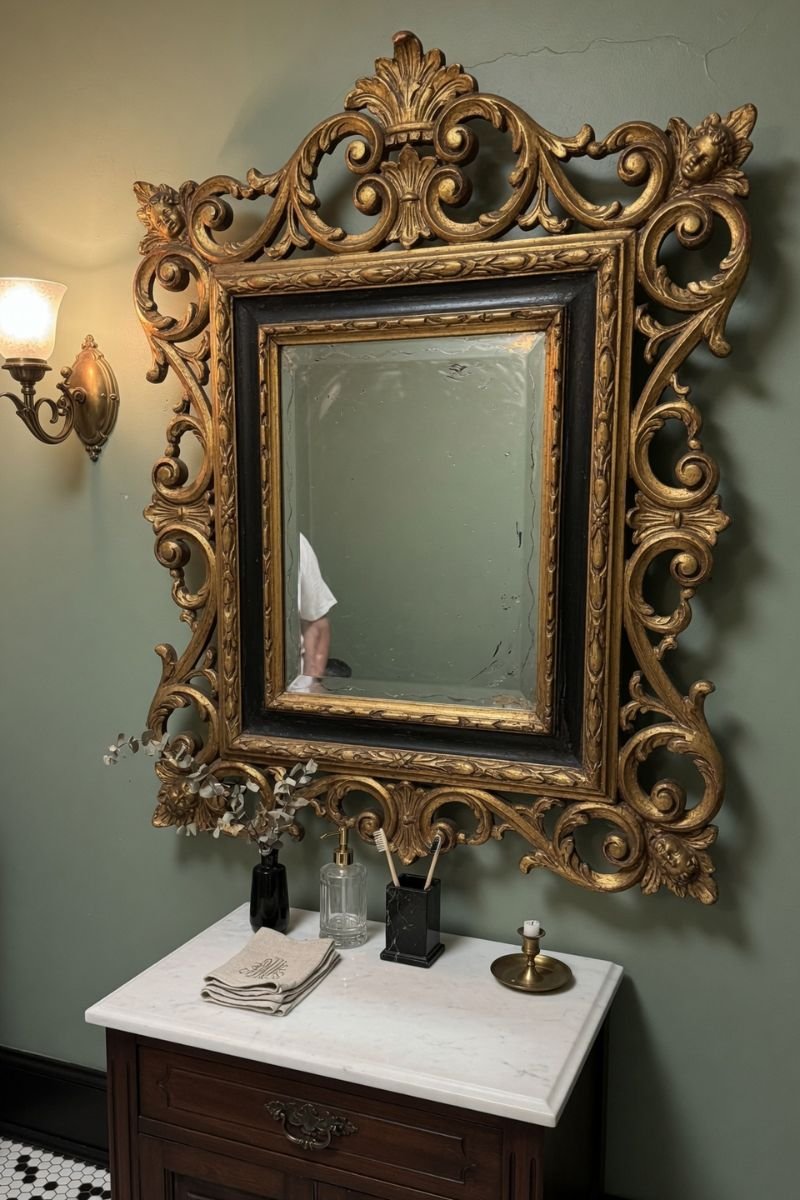 Ornate gold carved mirror hung above a console table in an entryway
