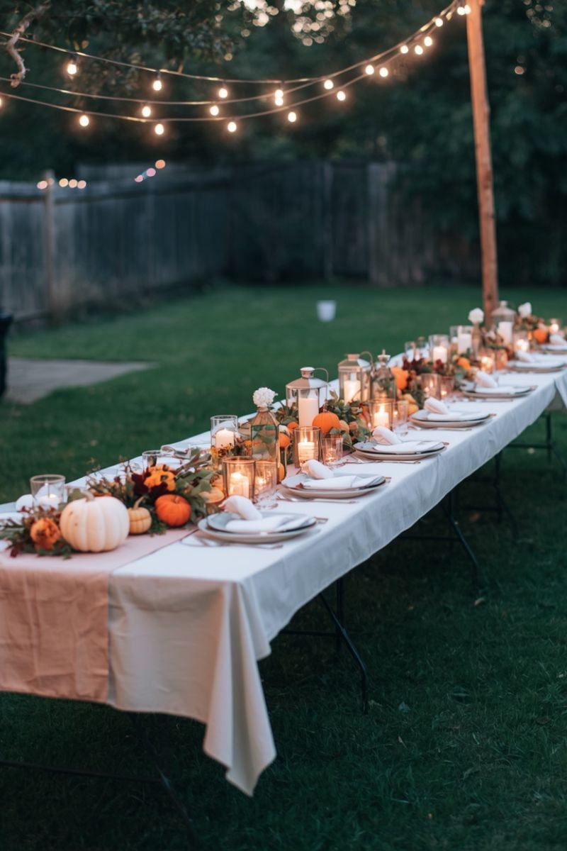 Outdoor Thanksgiving long farm table backyard string lights harvest runner pumpkins