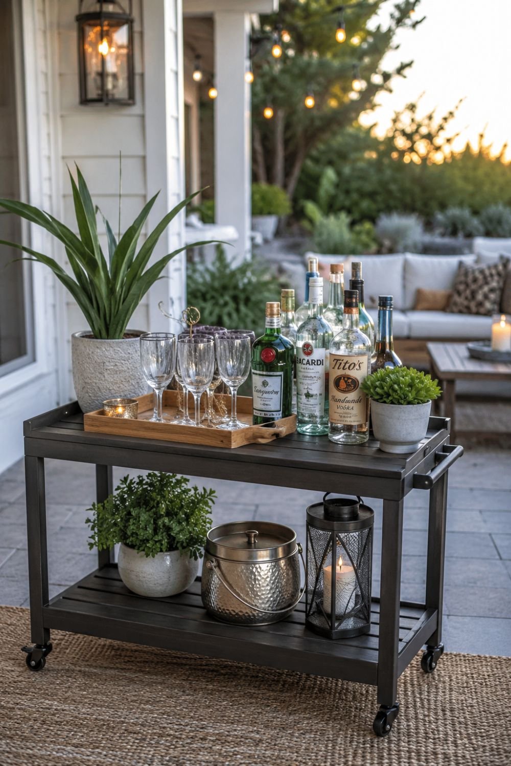 Outdoor bar cart with glassware and bottles on patio