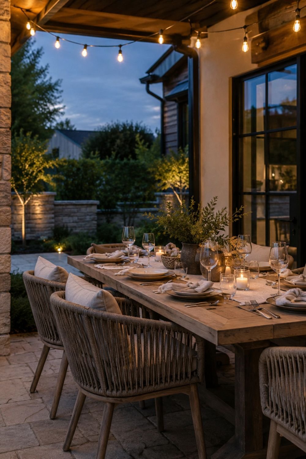Outdoor dining table set with comfortable chairs under string lights