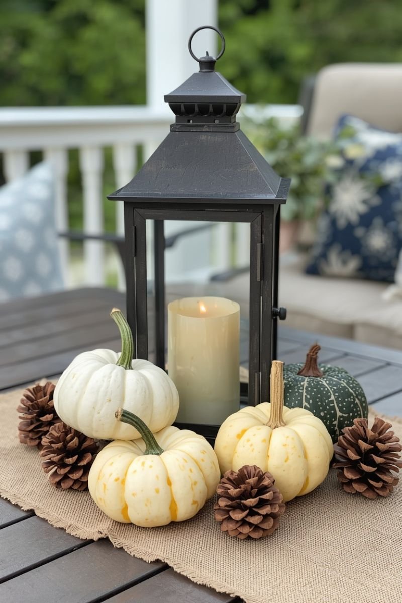 Outdoor fall patio table decor lantern gourds pinecones burlap runner
