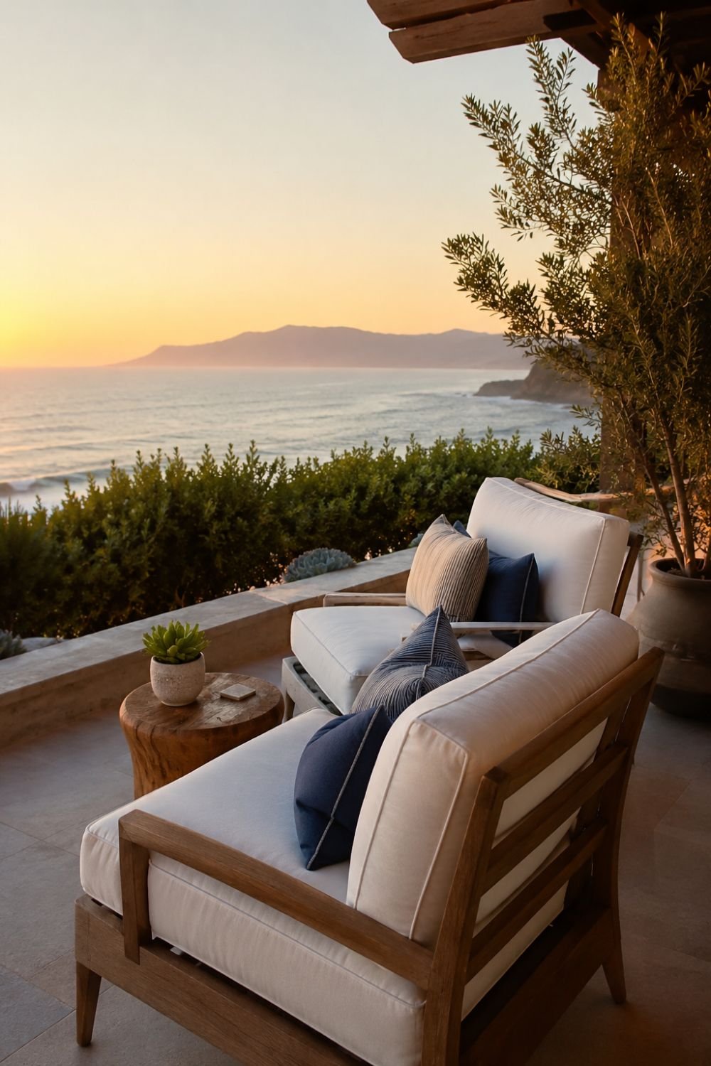 Outdoor lounge chairs with thick cushions and throw pillows arranged for relaxation