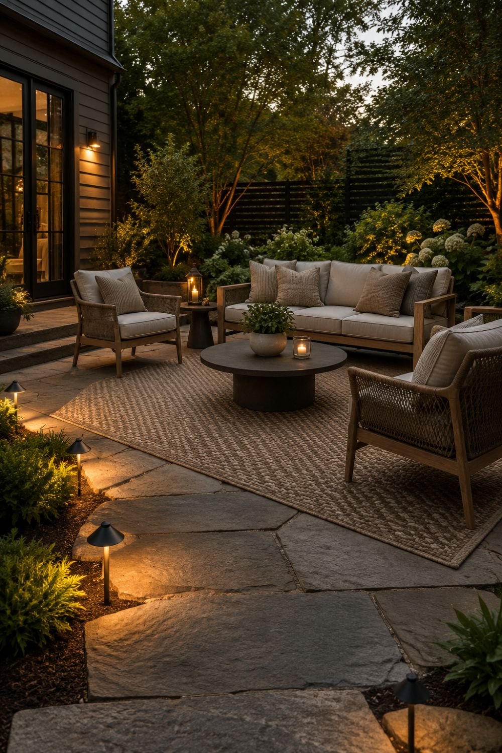Outdoor rug and pathway lighting creating visual flow on patio