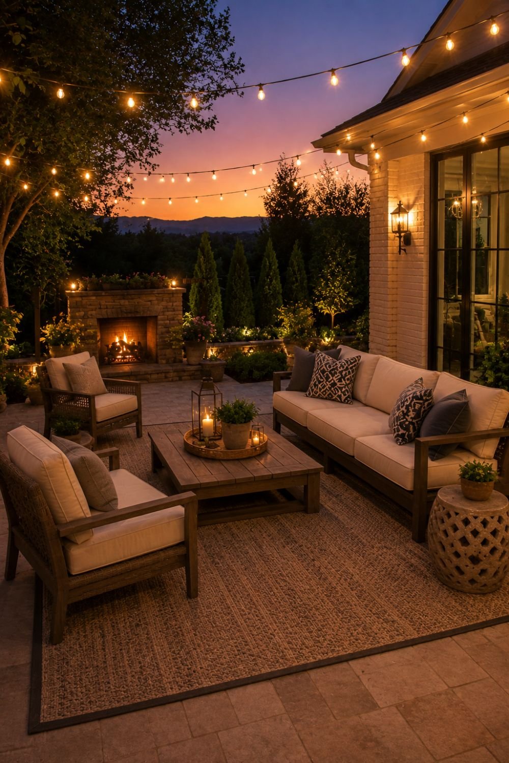 Outdoor rug defining seating area with furniture arranged on top