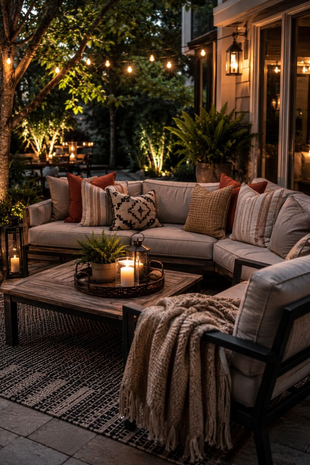 Outdoor seating with colorful throw pillows and blanket creating cozy resort feel