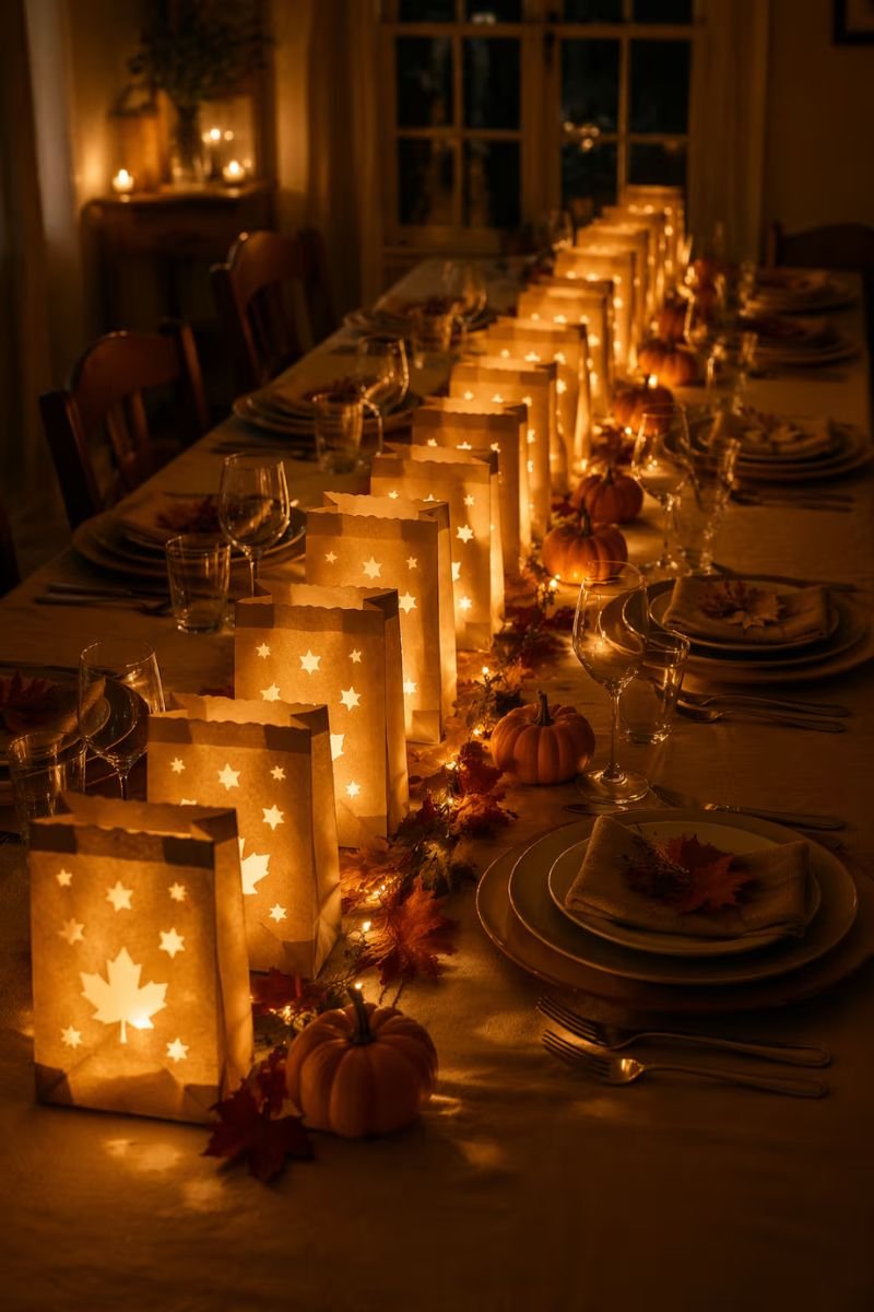 Paper bag luminary Thanksgiving table centerpiece tea light sand row budget DIY
