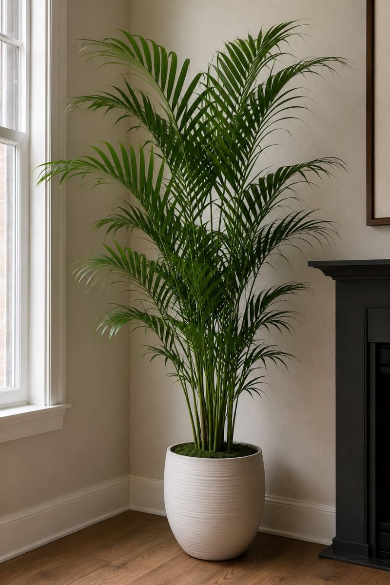 Parlor palm with feathery fronds in room corner