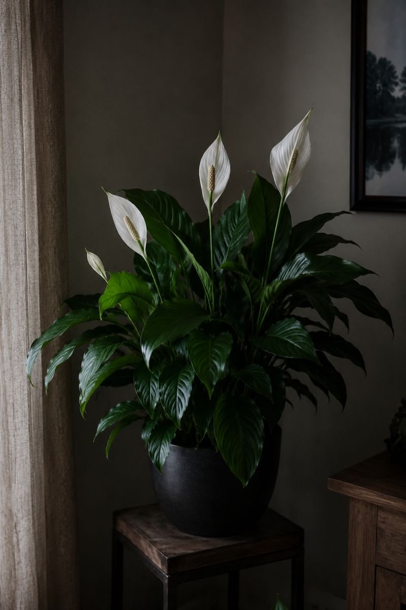 Peace lily with white flowers on dark green leaves