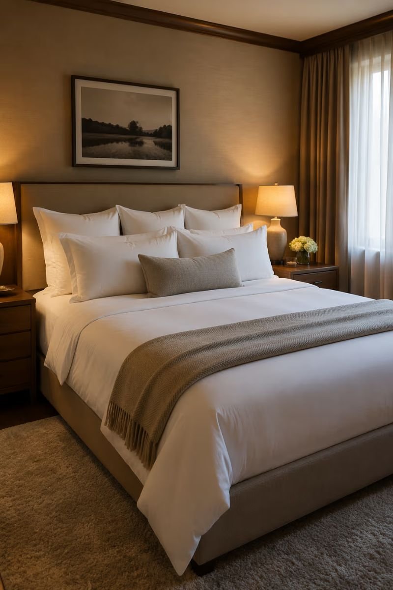 Perfectly made hotel style bed in a cozy luxury bedroom