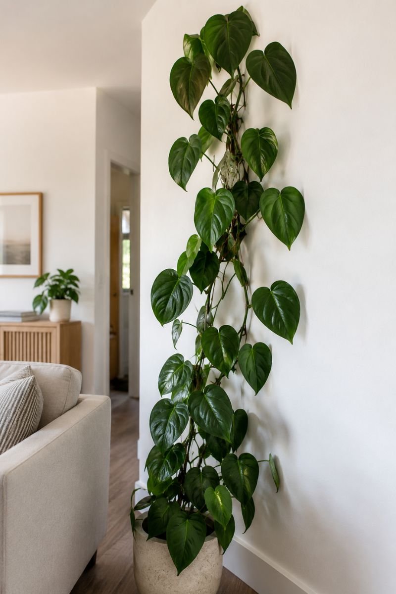 Philodendron climbing wall with large green leaves
