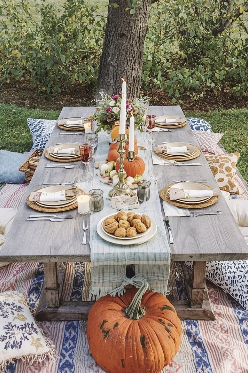 Picnic style outdoor Thanksgiving table low floor cushions pumpkins lanterns relaxed