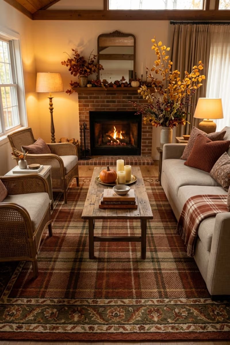 Plaid area rug in warm fall tones in a cozy living room