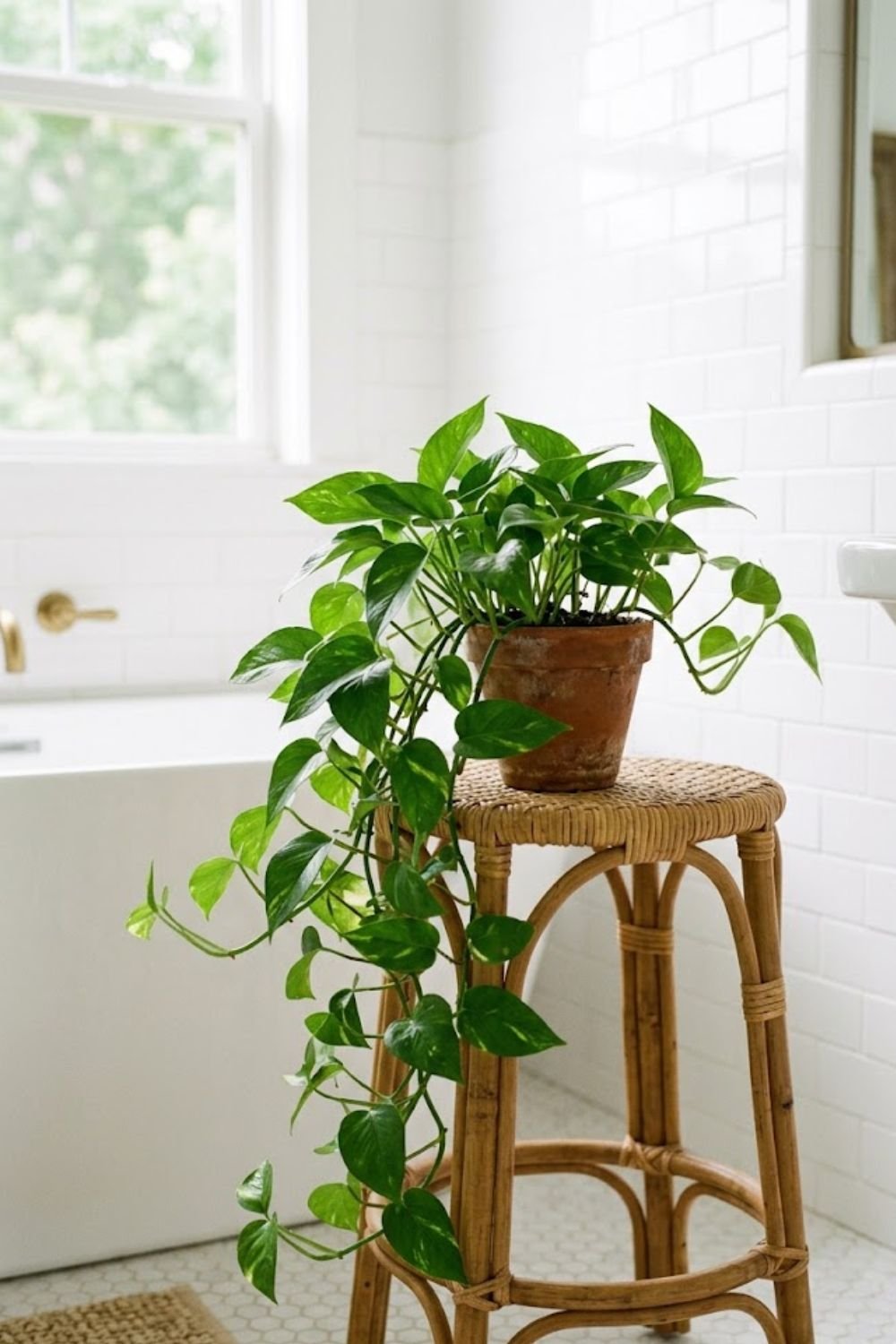 Pothos plant in a terracotta pot on a rattan stool in a natural linen and rattan bathroom