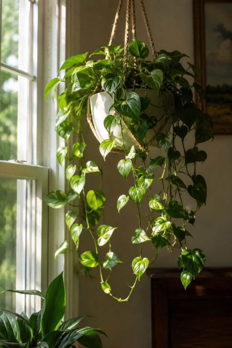 Pothos plant with trailing vines in hanging pot near window