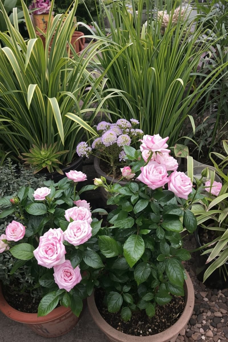 Potted coastal plants including beach roses and ornamental grasses on a porch