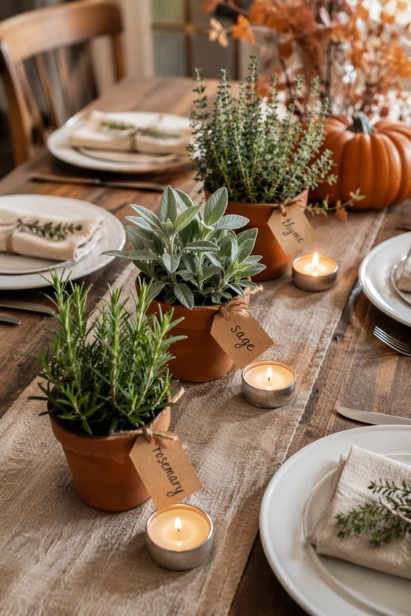 Potted herb Thanksgiving centerpiece rosemary sage thyme terracotta pots tea lights budget