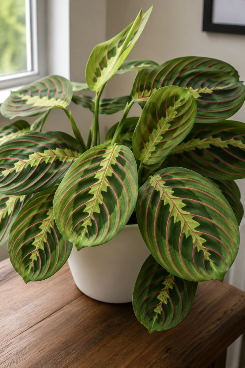 Prayer plant with red and green patterned oval leaves"