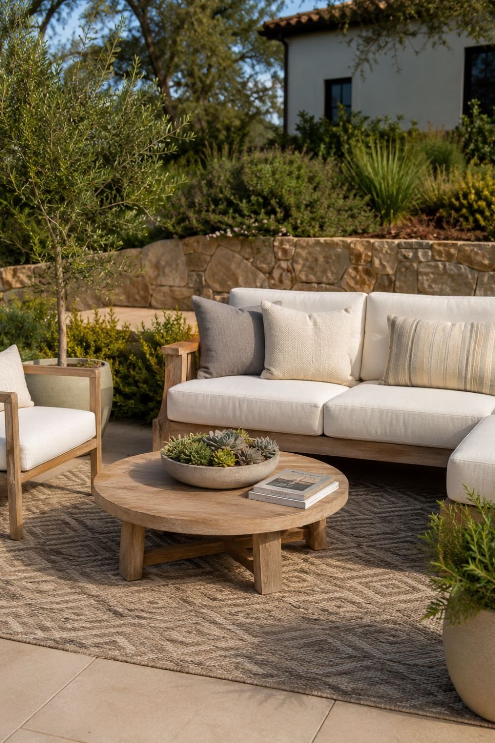 Quality outdoor furniture with weather resistant fabrics looking fresh on patio