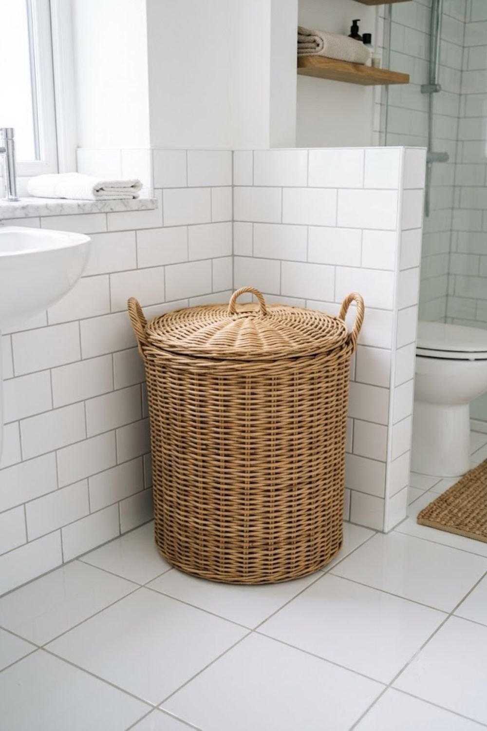 Rattan laundry basket with lid in the corner of a natural spa style bathroom