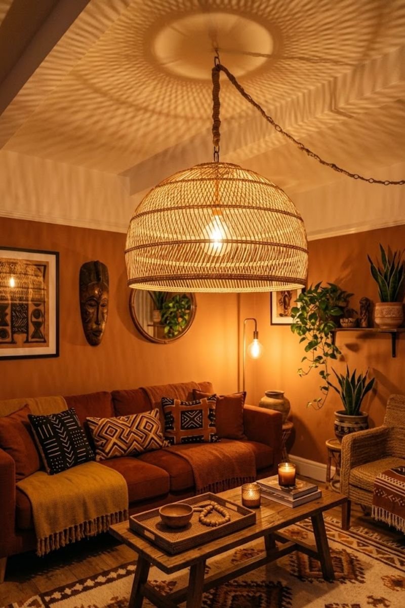 Rattan pendant light casting warm golden glow in an African boho living room at night