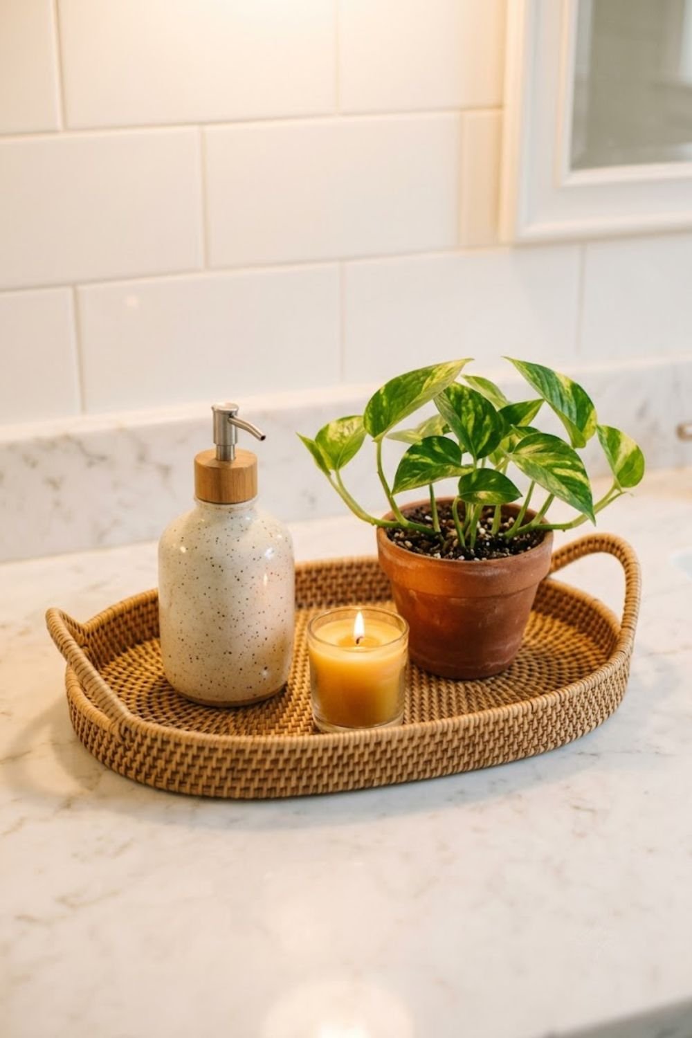 Rattan tray on a bathroom counter with hand soap candle and small plant