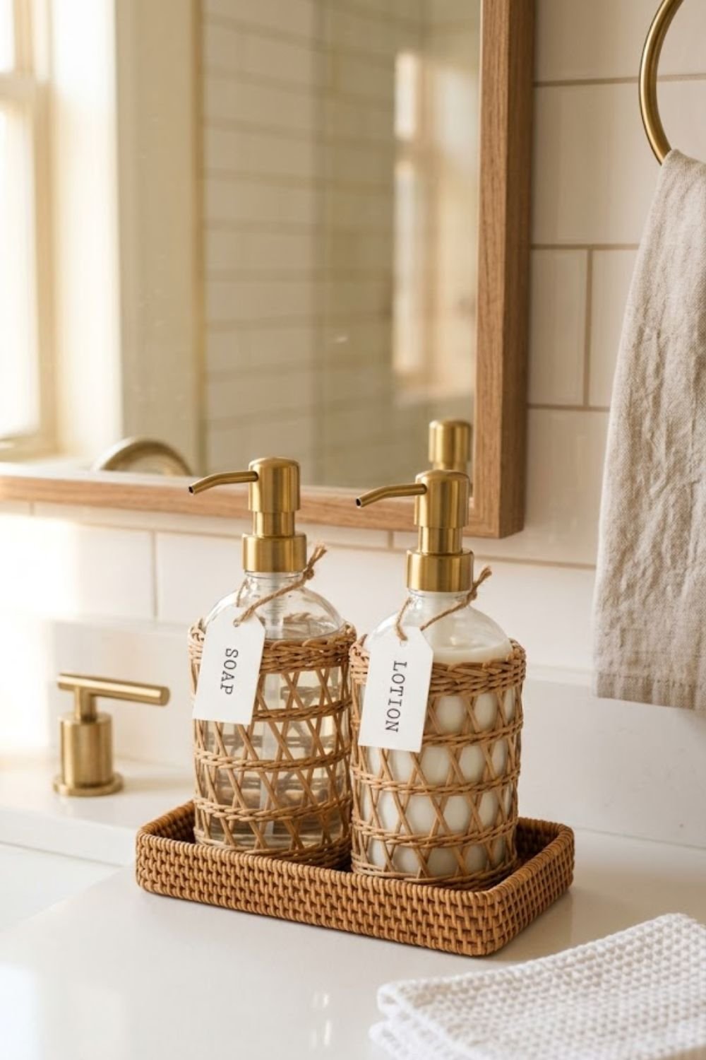 Rattan wrapped glass soap dispenser beside a bathroom sink with matching lotion bottle