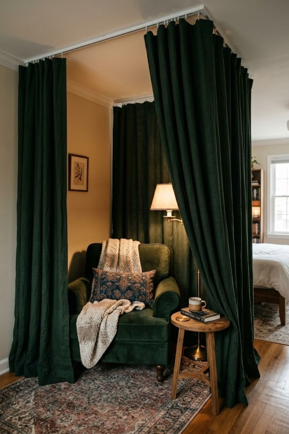 Reading chair enclosed by a linen curtain hung from ceiling track creating a private nook