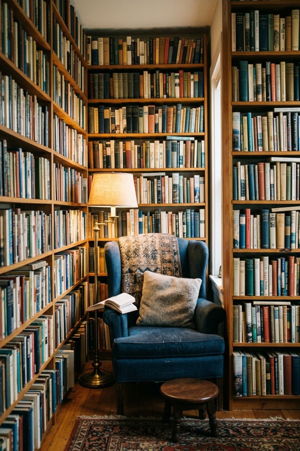 Reading chair flanked by tall bookshelves on both sides creating a book wall nook