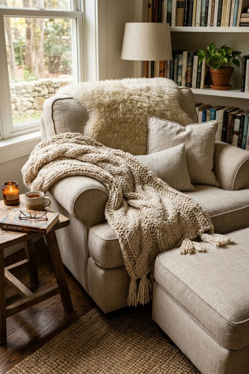 Reading chair with chunky knit throw draped over armrest and sheepskin on the back