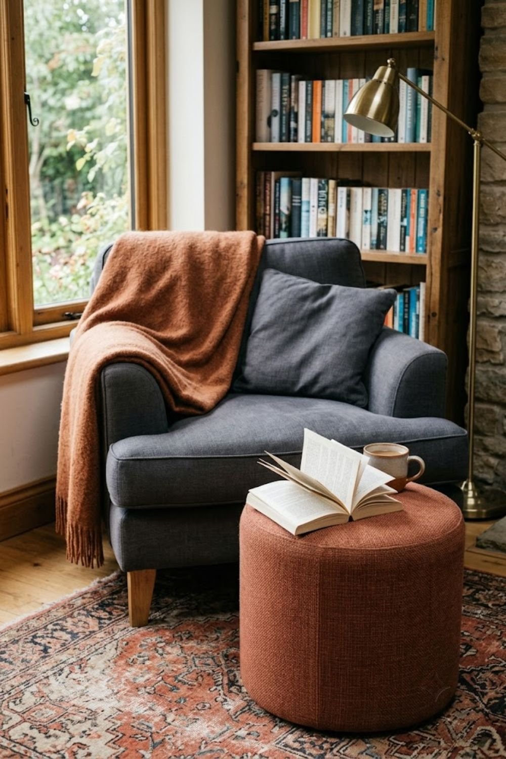 Reading chair with small footstool in front and an open book resting on it