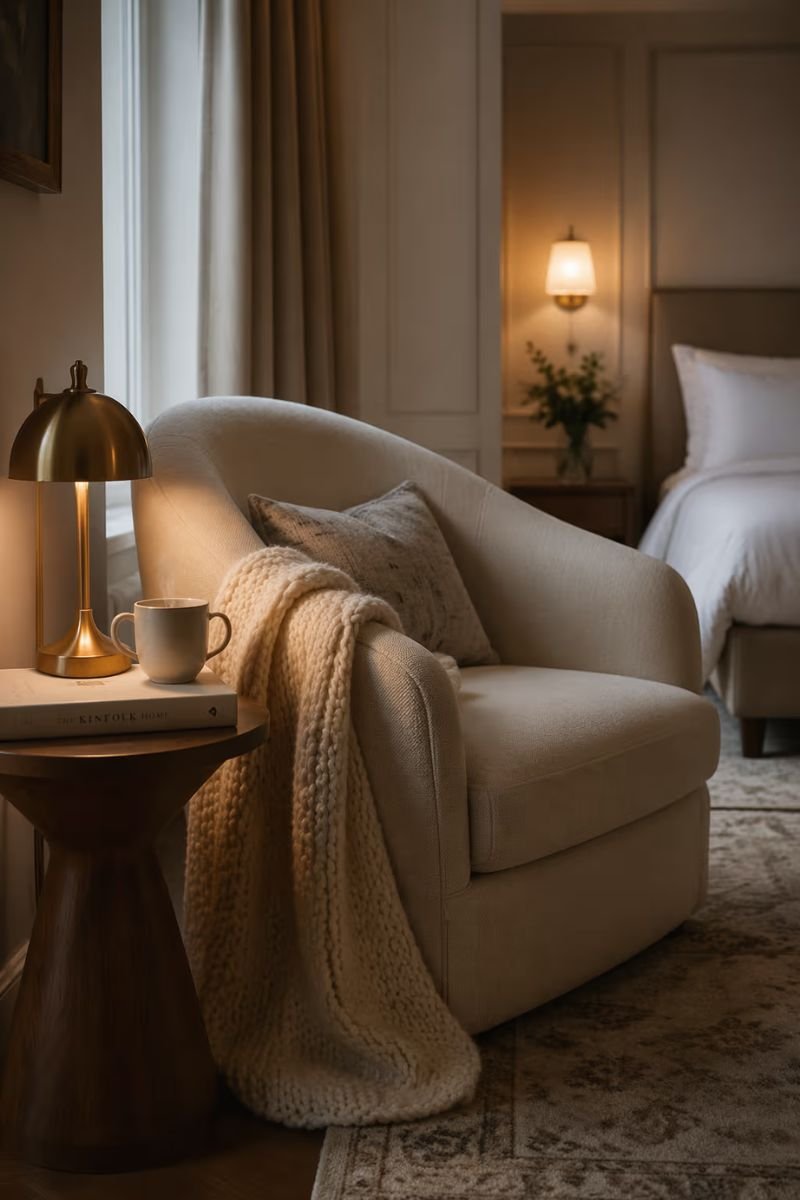 Reading chair with throw in corner of a cozy luxury hotel bedroom