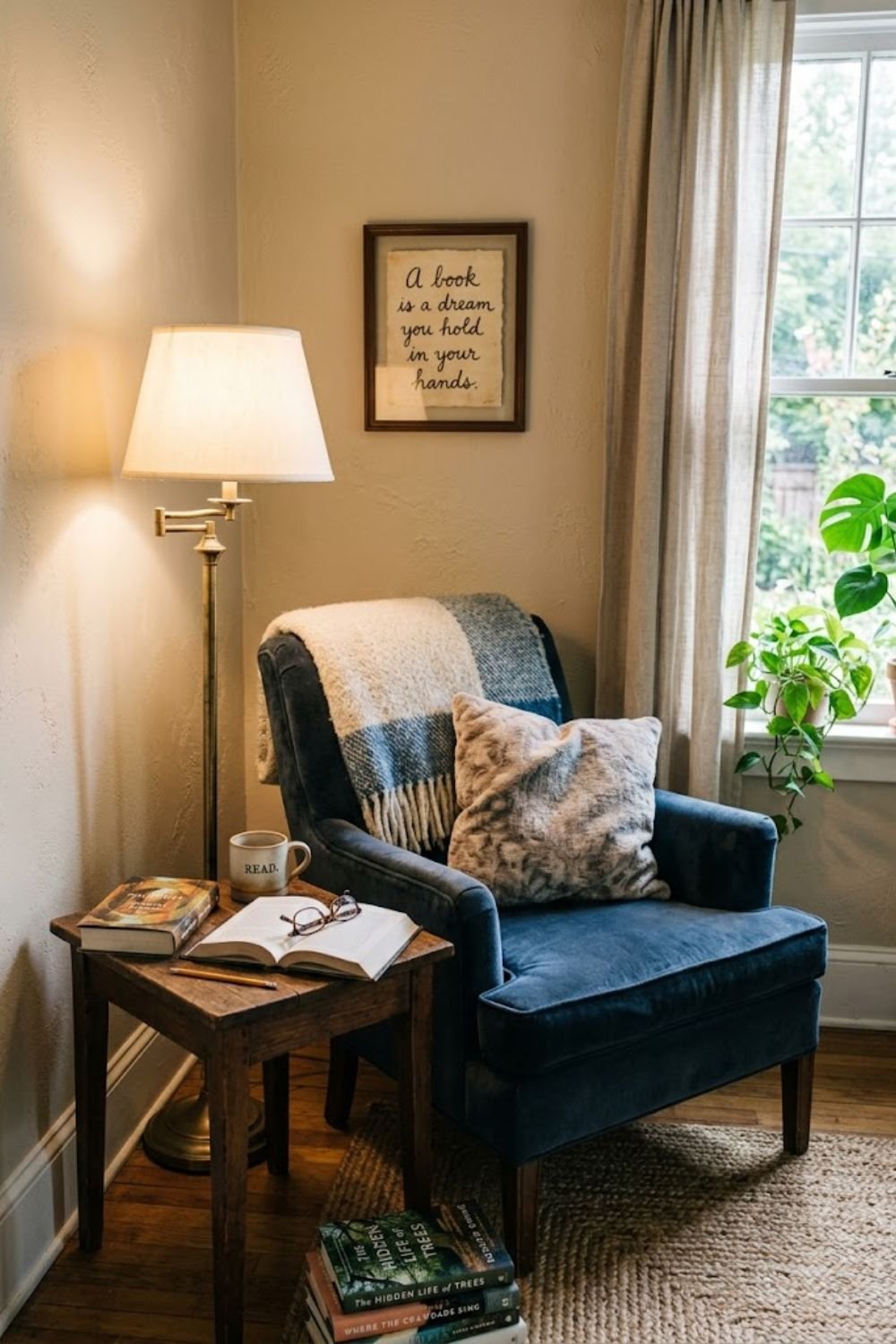 Reading nook corner with framed quote above chair open book on side table and floor lamp