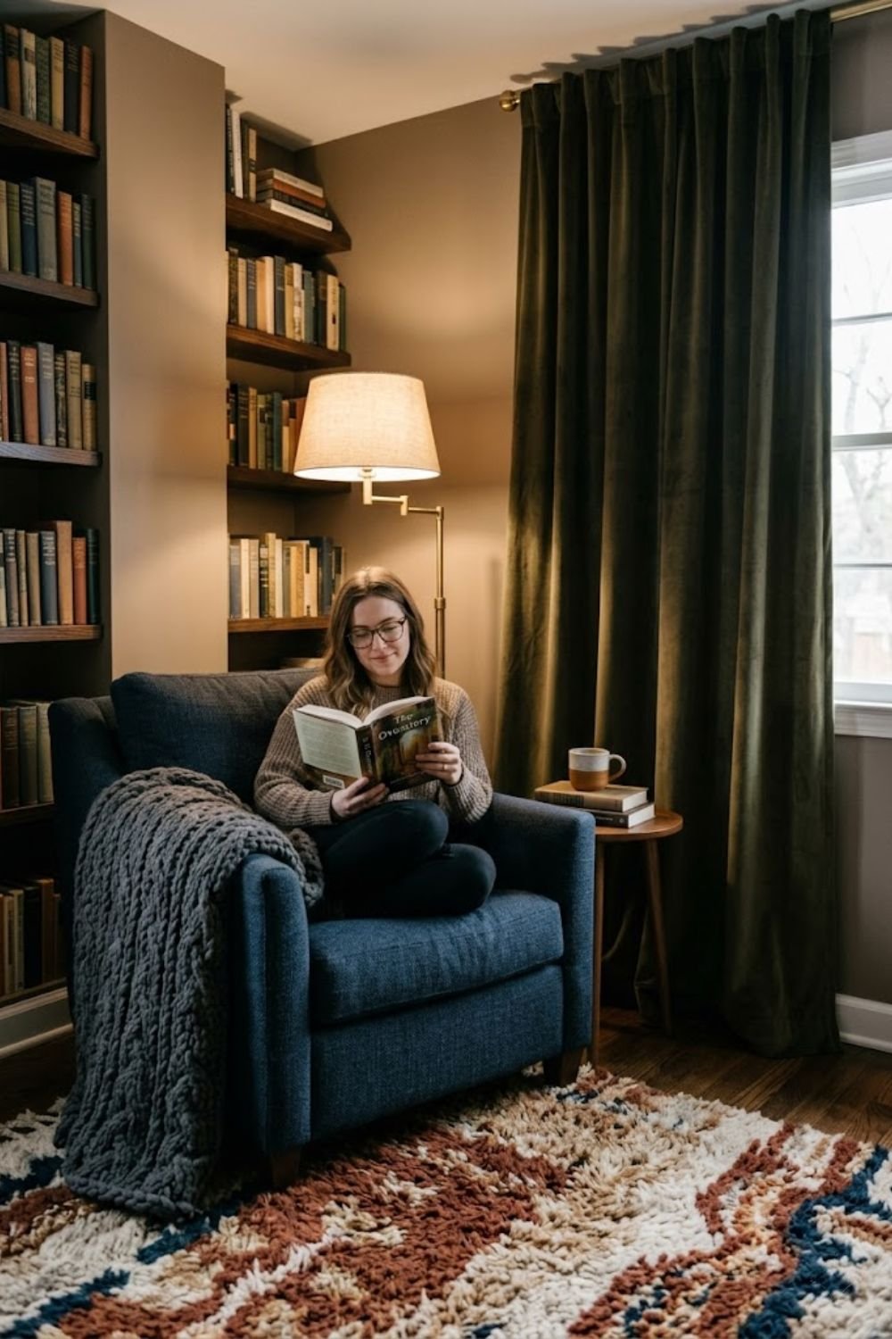 Reading nook layered with thick rug throw curtain and bookshelves for quiet and warmth