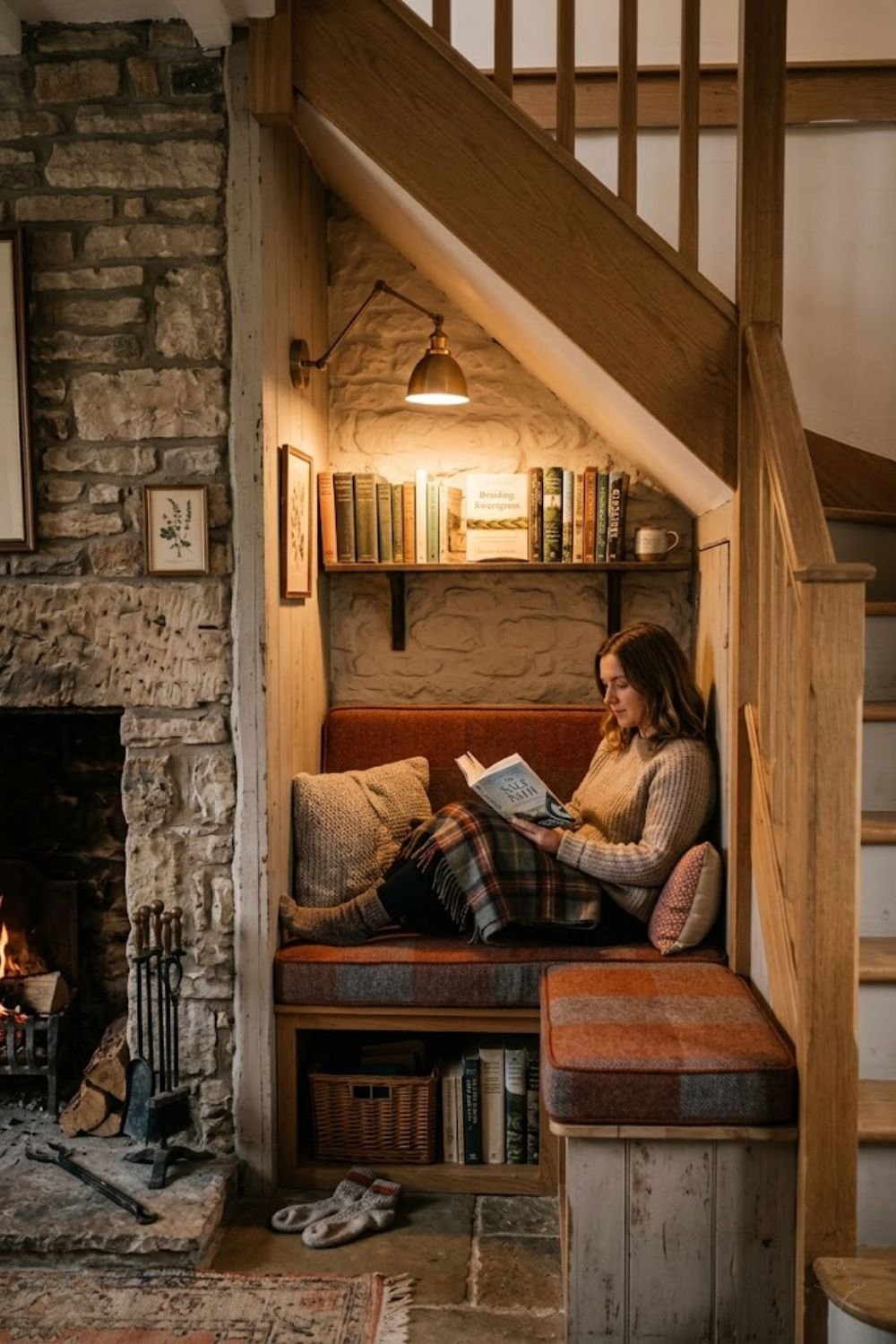 Reading nook tucked into an alcove beside chimney breast with built in bench and shelf