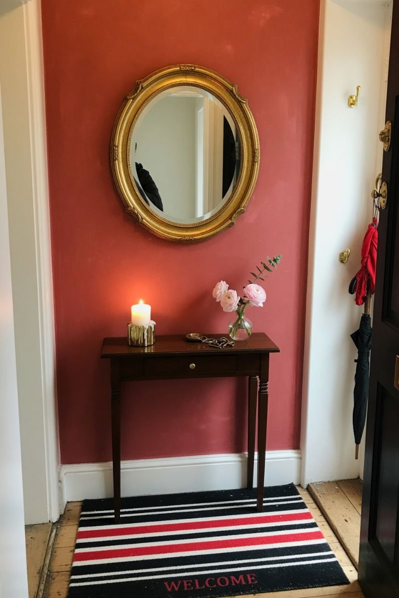 Red accent wall entryway with gold mirror and striped doormat