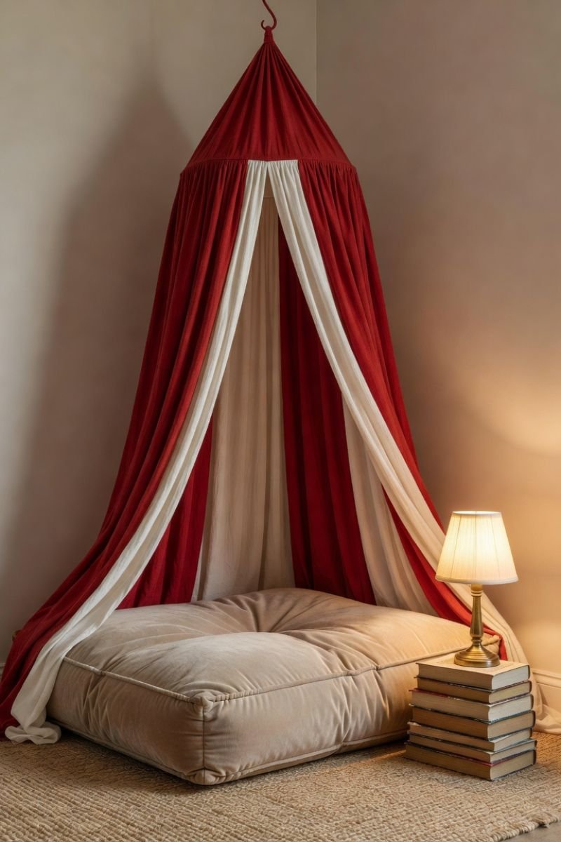 Red and white fabric canopy over a cozy reading nook with floor cushion