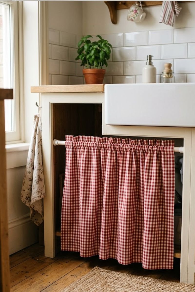 Red and white gingham curtain hung under kitchen sink instead of cabinet doors