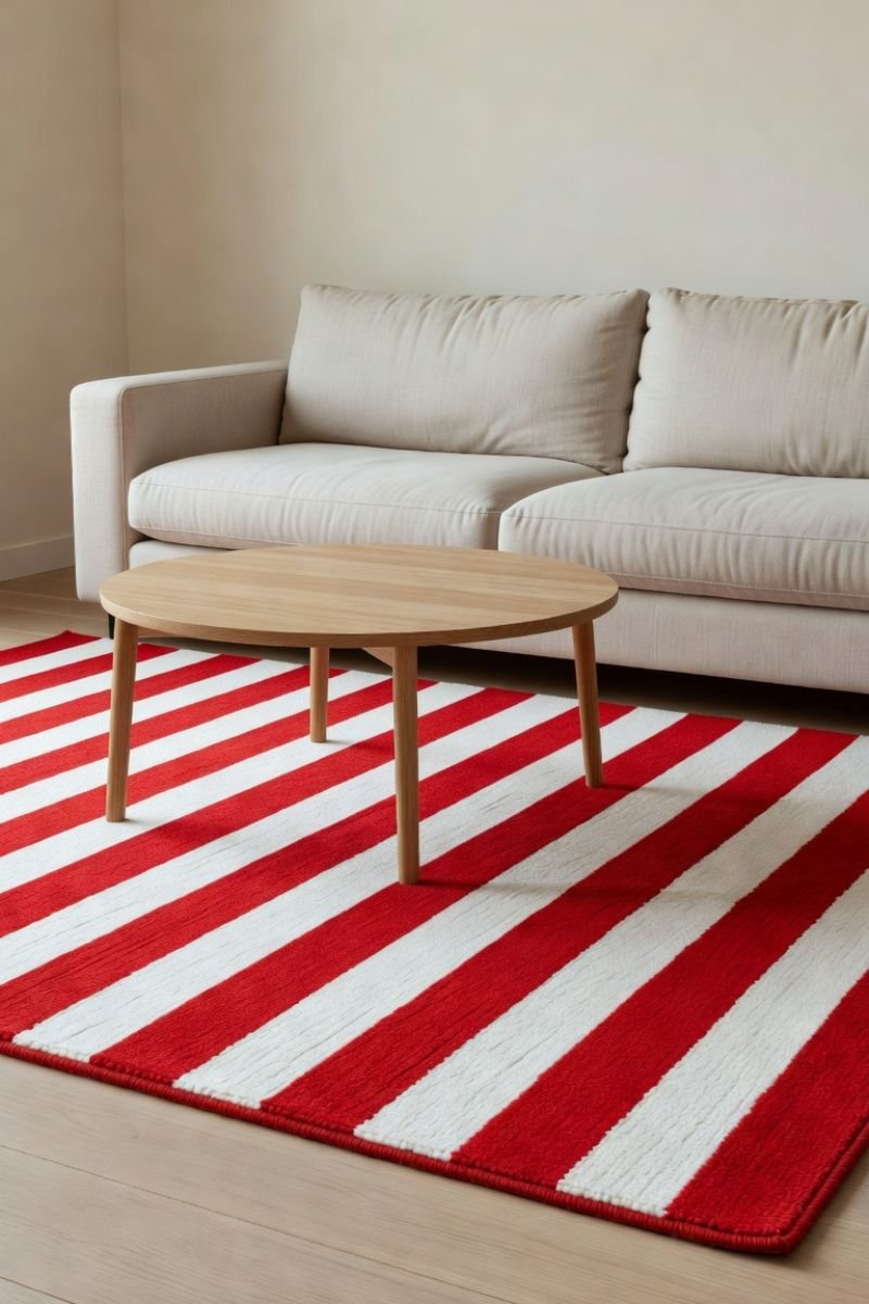Red and white striped area rug under a round coffee table in living room