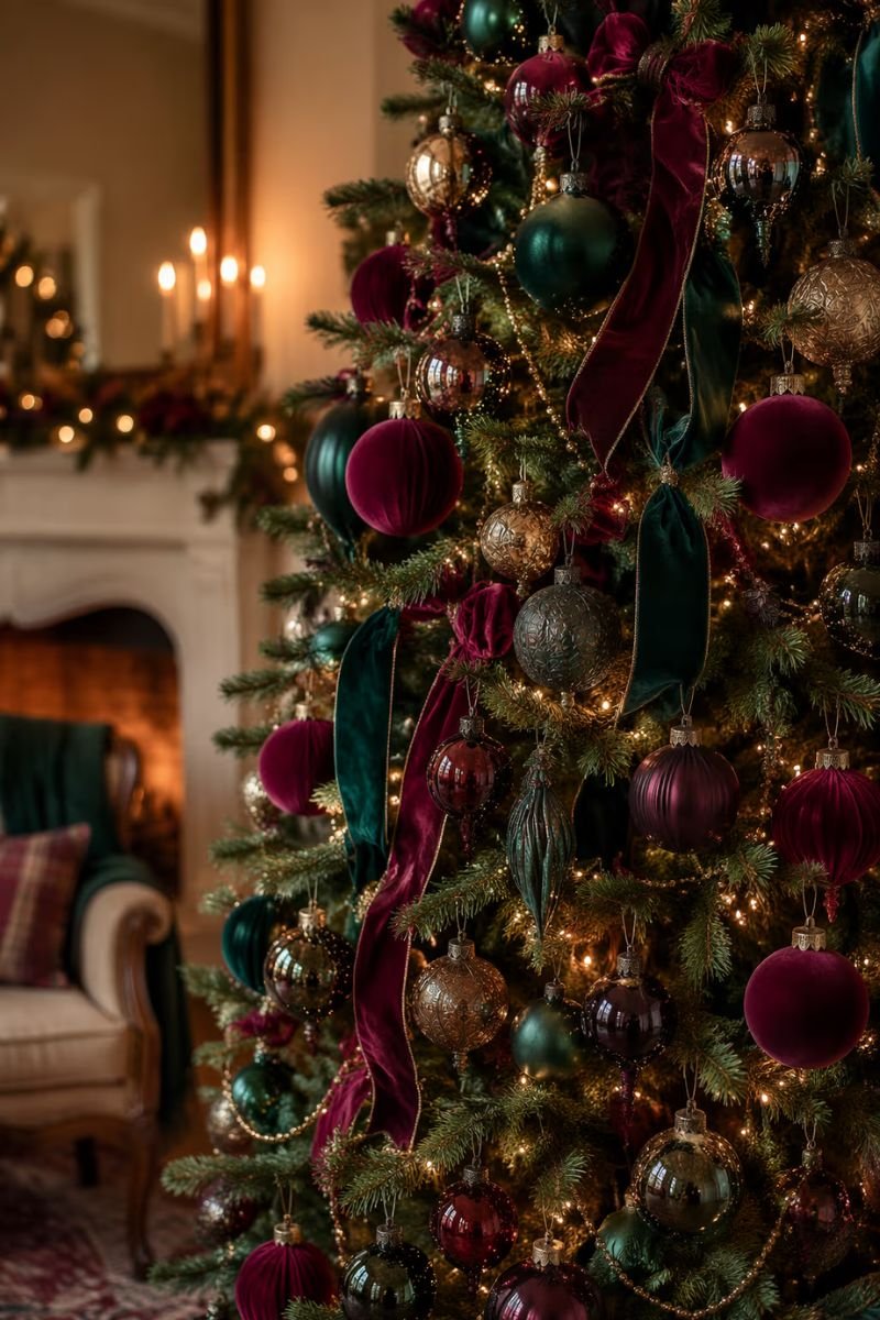 Reimagined classic Christmas tree with deep saturated red and hunter green ornaments and antique gold details