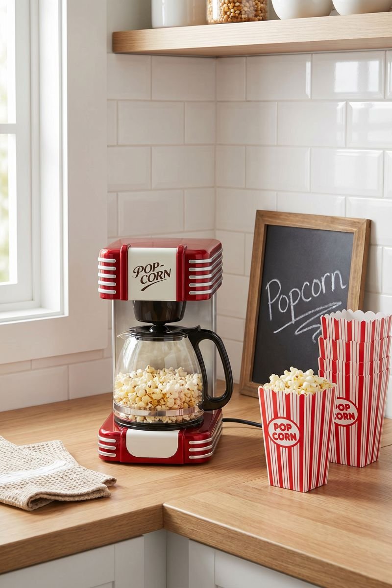 Retro popcorn machine on kitchen counter with striped boxes and chalkboard sign