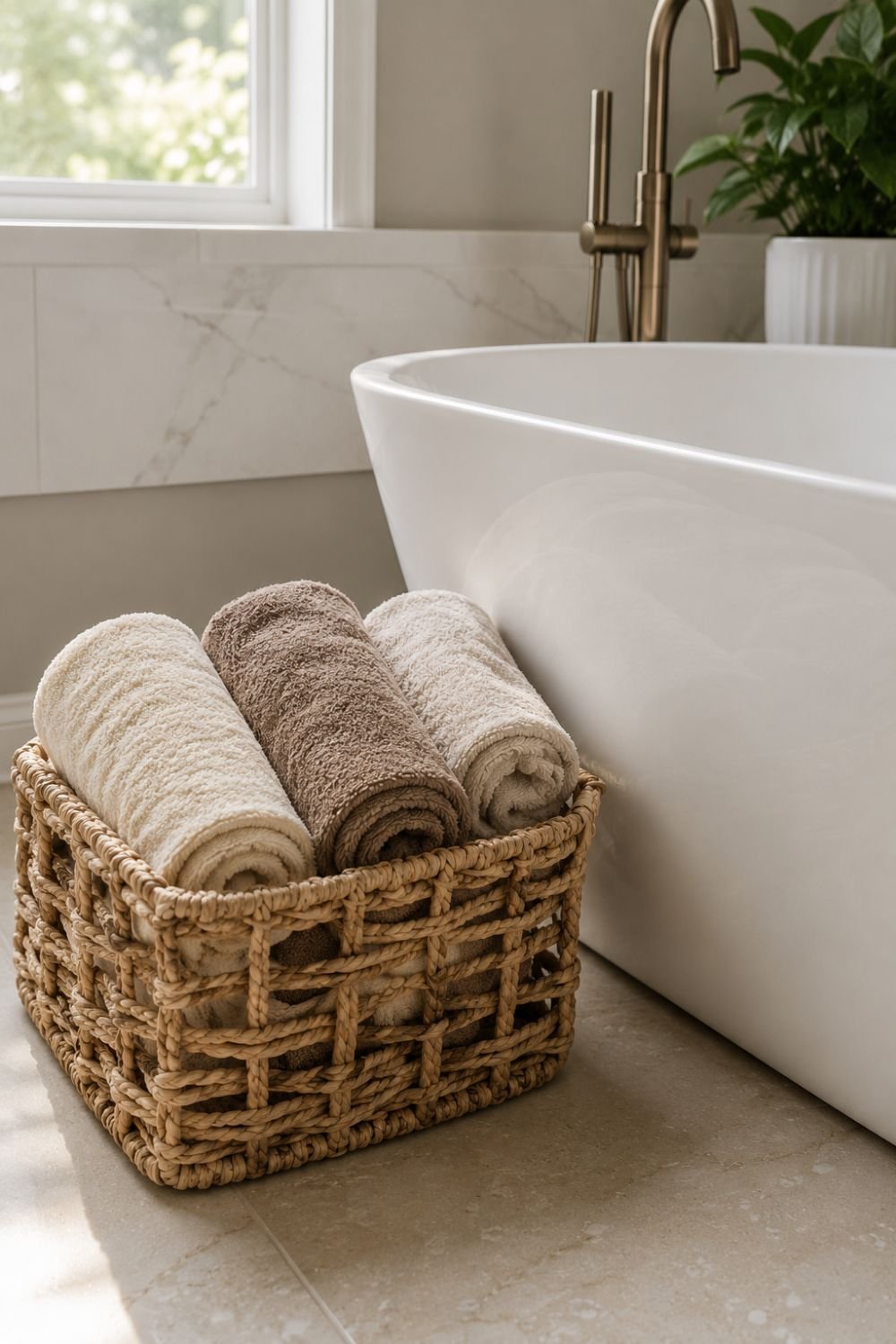 Rolled luxury towels in cream and taupe displayed in woven basket beside bathtub