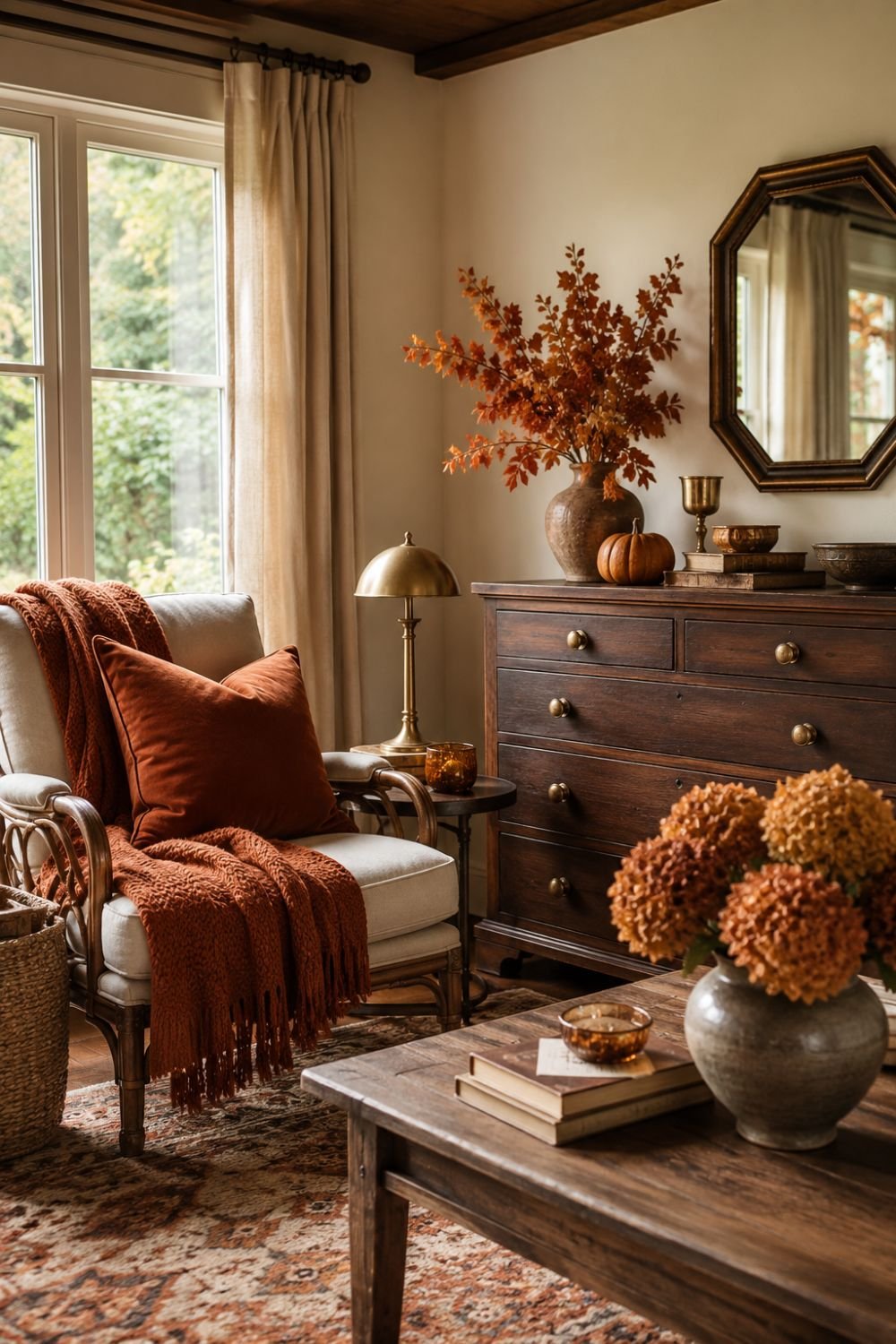 Room decorated in cottagecore fall color palette with warm earthy tones