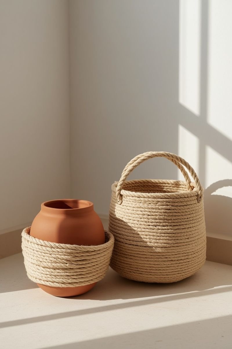 Rope-trimmed baskets and planters displaying coastal porch styling