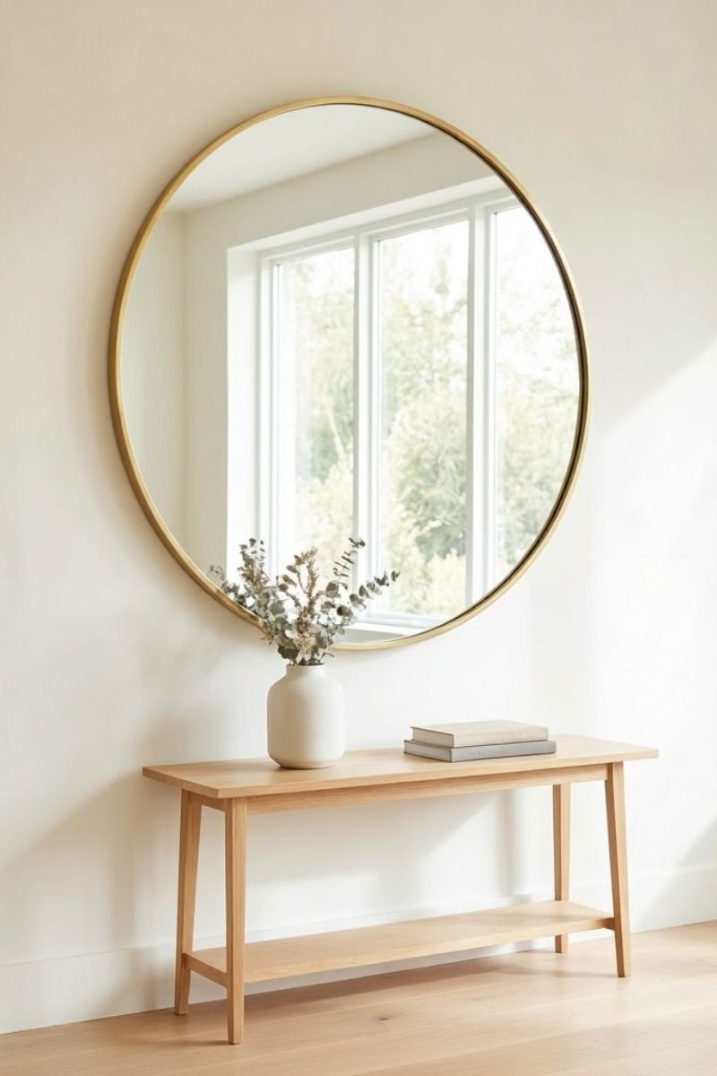 Round brass mirror on wall opposite a window reflecting natural summer light