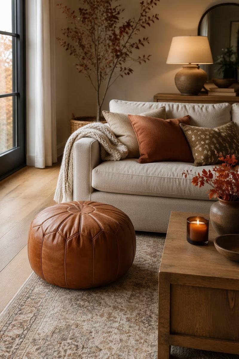 Round knit or leather pouf in warm tone placed near a fall living room sofa 