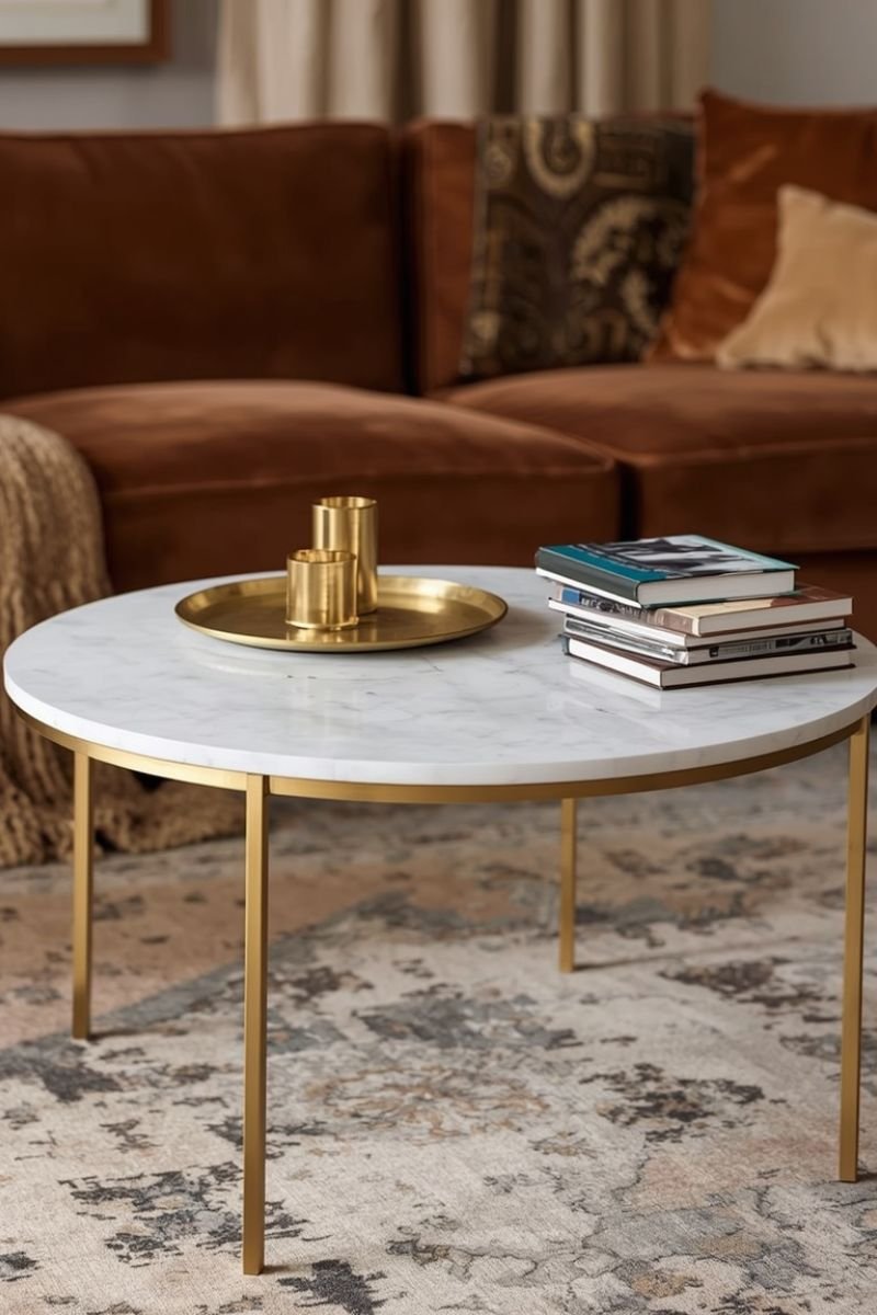 Round marble top coffee table with gold legs in a Neo Deco living room